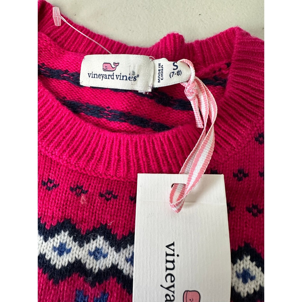 Vineyard Vines Sweater Girls S 7-8 Pink Fair Isle Whale Lambswool Cashmere - Picture 2 of 7